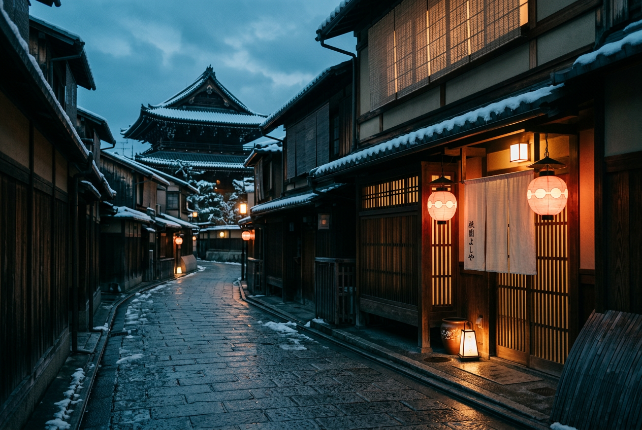 Lantern-lit winter street in Kyoto